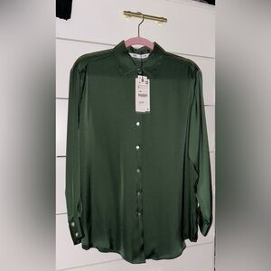Zara Satin Effect Marsala button down shirt - in GREEN, size S small